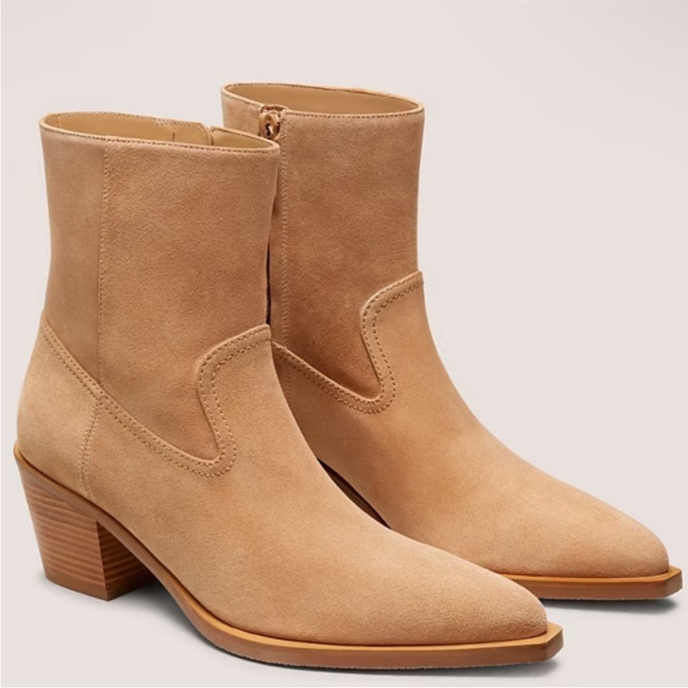 Stuart Weitzman Tate Suede Ankle Booties Tan NWT Pointed Toe Block Heel